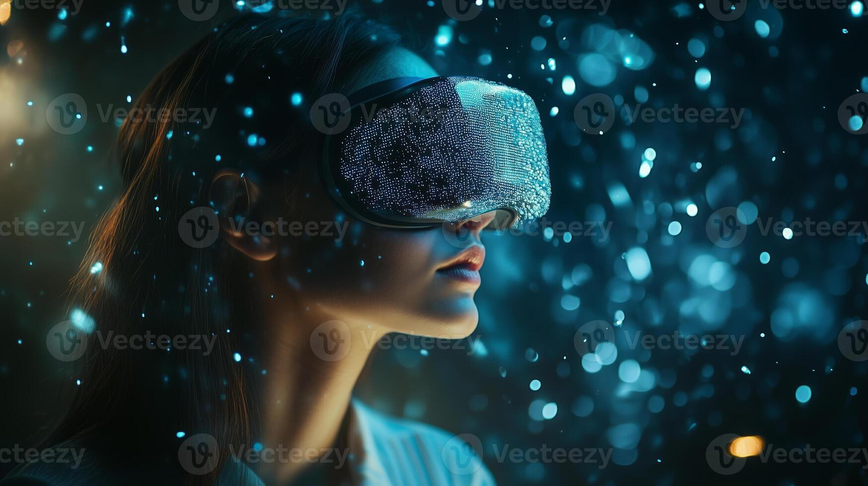 Young woman experiences virtual reality amidst a sparkling backdrop in a dark, immersive environment during nighttime exploration photo