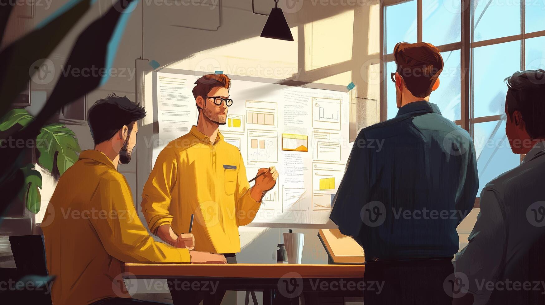 Team brainstorming session in a modern office during the afternoon, focusing on project development and strategy planning photo