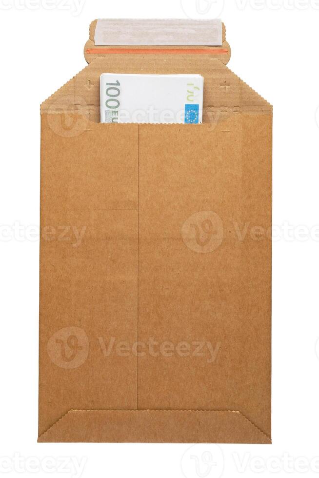 Brown envelope front and back isolated on white background. Letter top view. photo