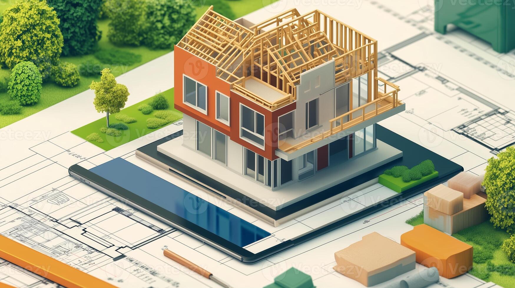 A detailed model of a modern house design on architectural plans with vibrant landscaping in a creative workspace photo