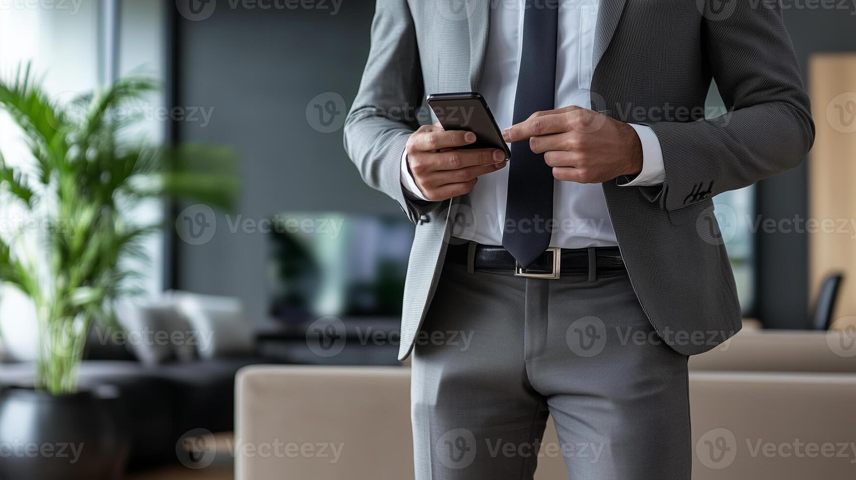 Business professional in a sleek modern office checking messages on a smartphone during a busy workday in the afternoon photo