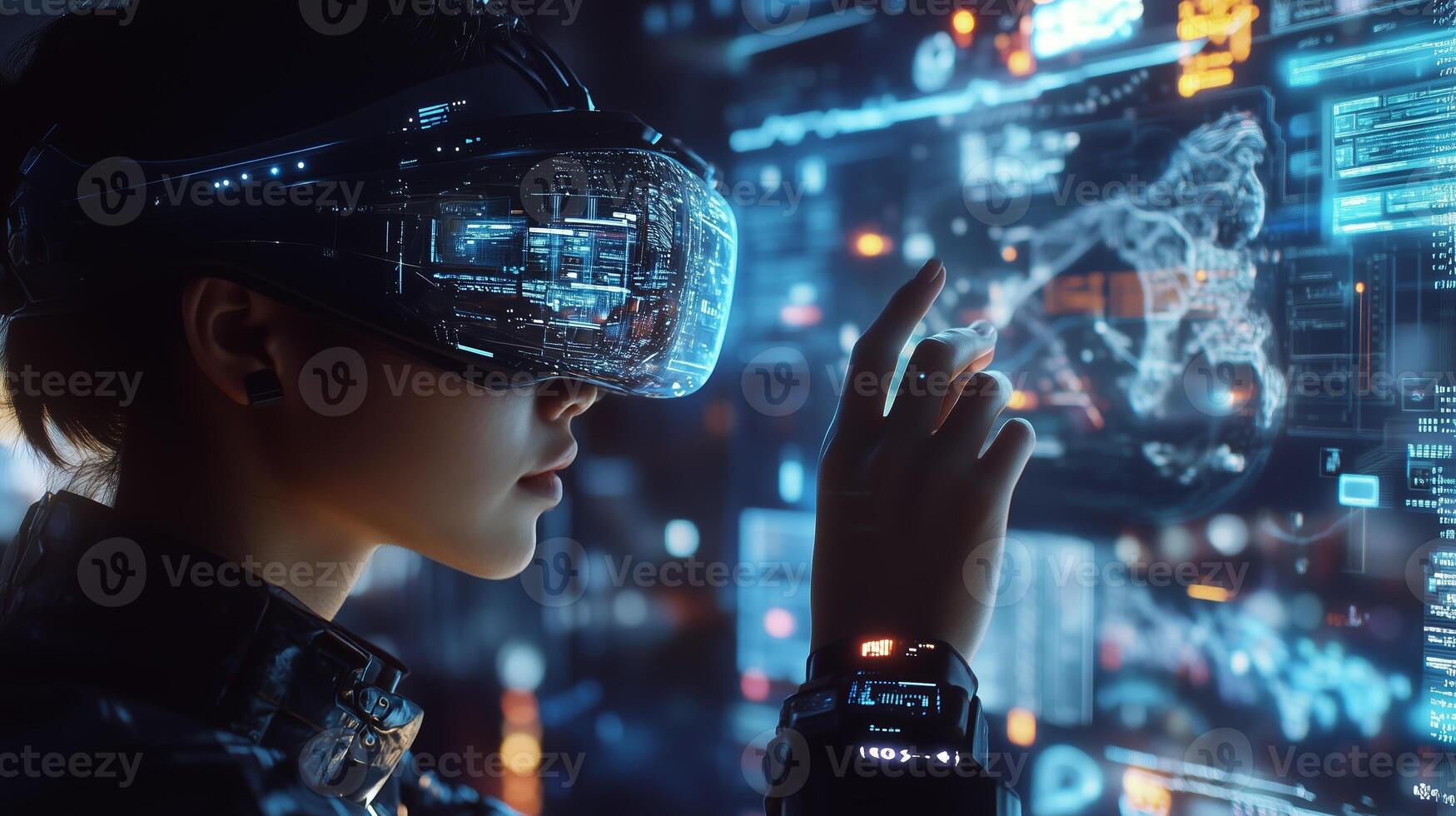 A young woman interacts with a futuristic virtual reality interface, showcasing advanced technology in a modern setting at night photo