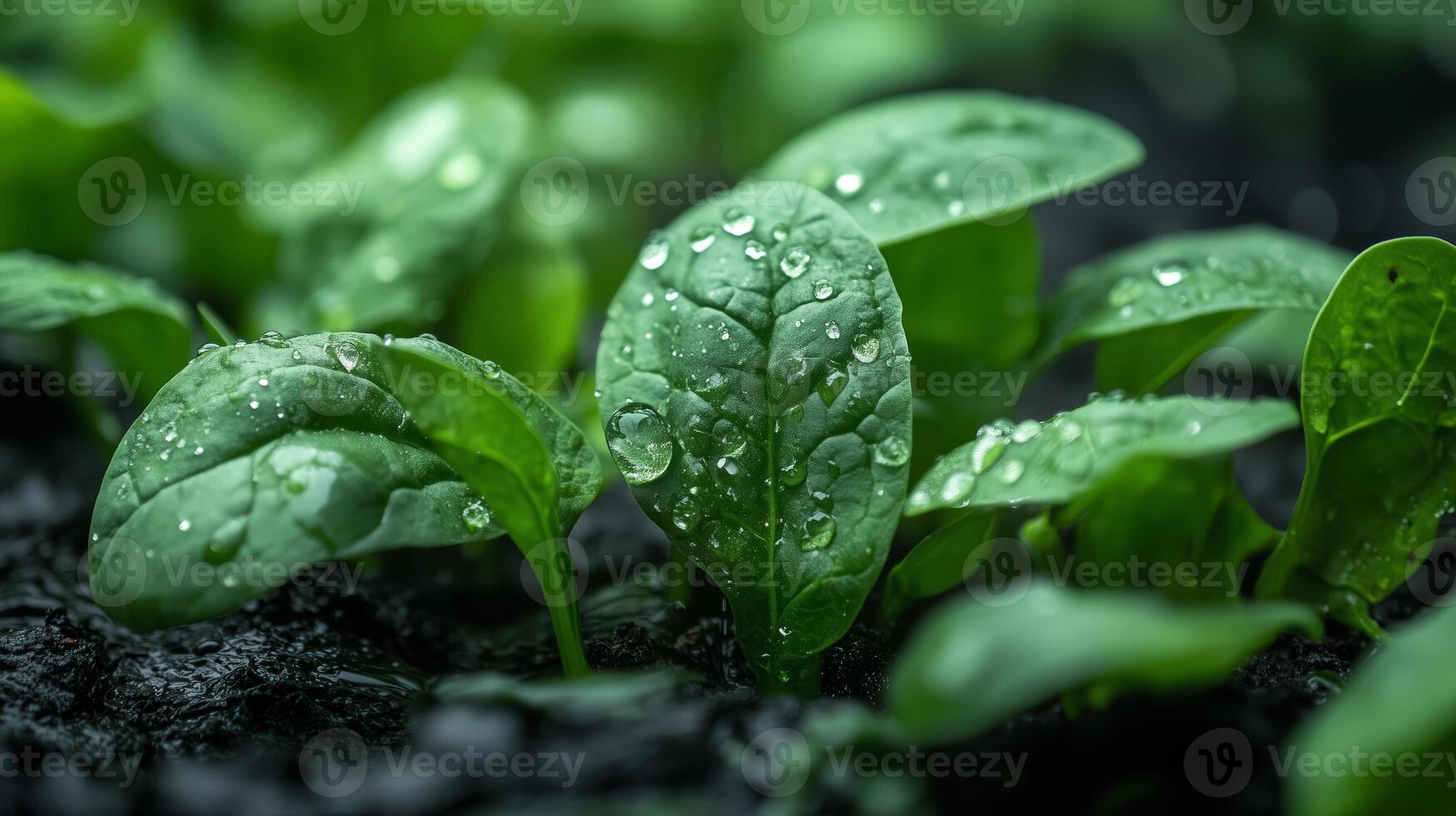 Fresh green spinach leaves glistening with water droplets in a garden environment during the early morning hours photo