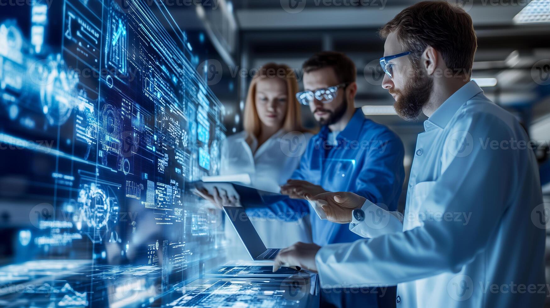 Researchers collaborating in a high-tech laboratory while analyzing data on a digital interface in a modern setting photo