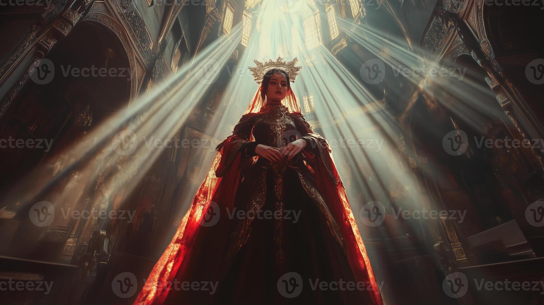 A majestic woman in regal attire stands in a cathedral, illuminated by divine light streaming through stained glass windows photo