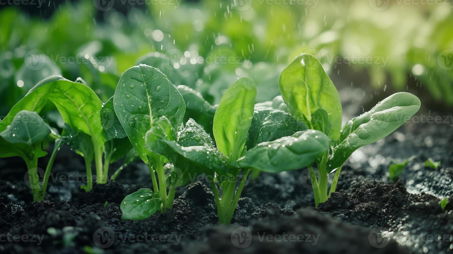 Freshly sprouted spinach plants grow in nutrient-rich soil during a gentle rain on a sunny day in a garden photo