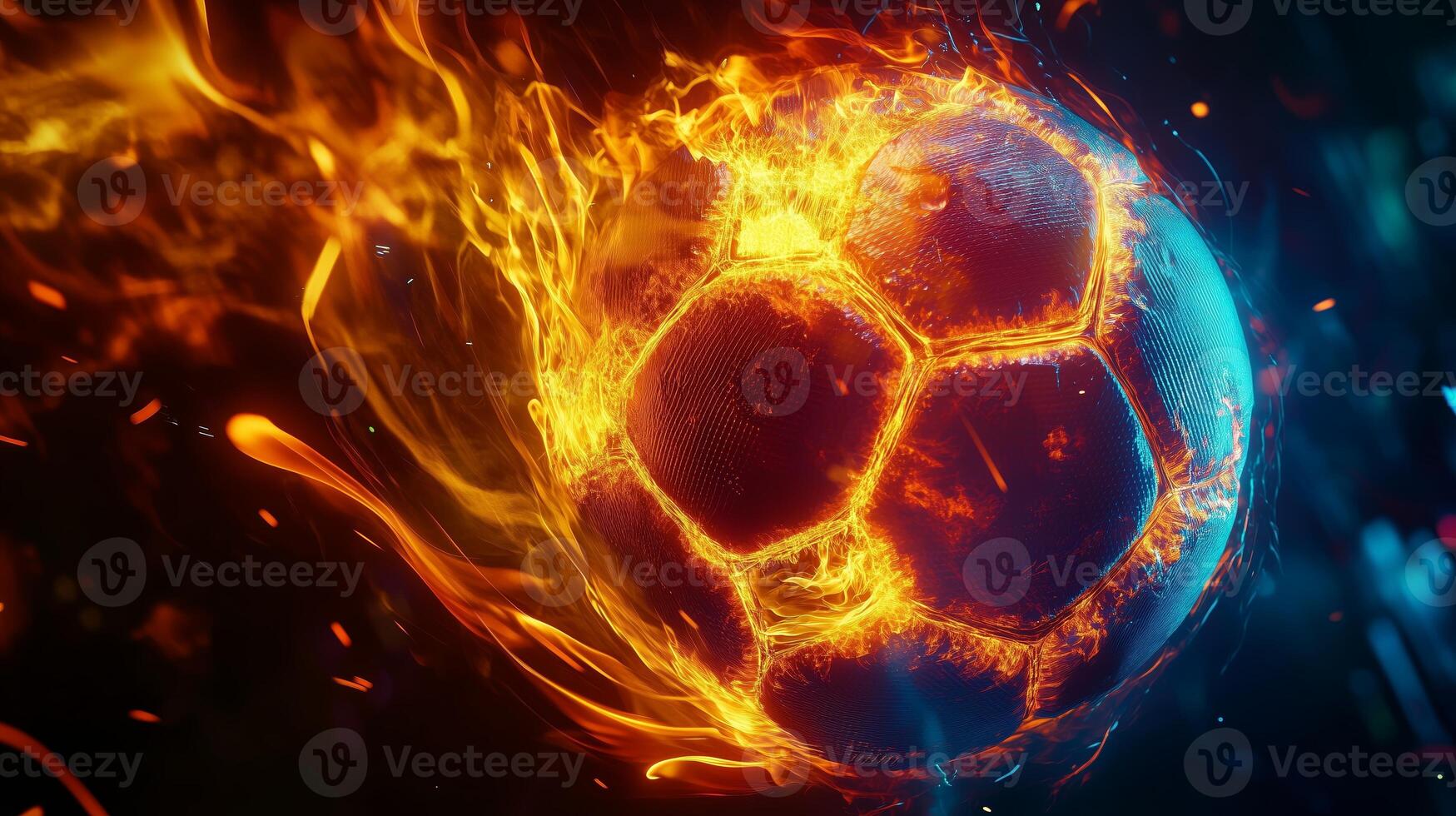 A fiery soccer ball races through the air with vivid flames, showcasing a dynamic moment of intensity in a sports setting photo