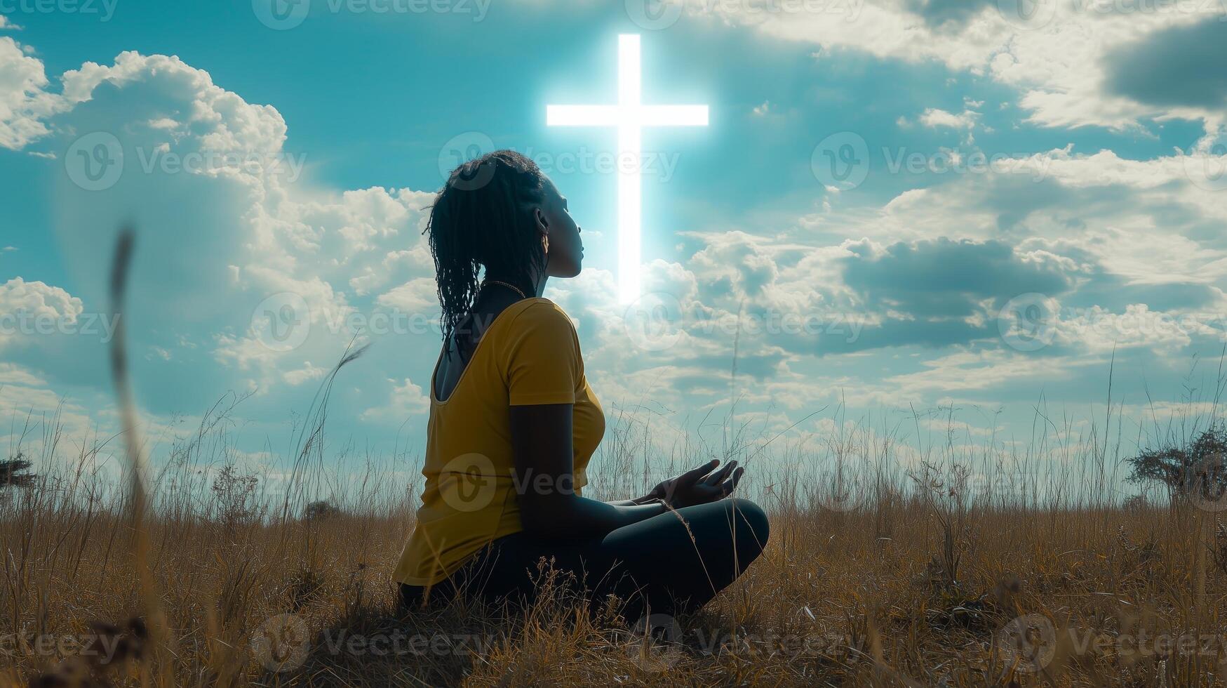 A woman meditating in a field under a sky filled with clouds, highlighted by a glowing cross during the golden hour of sunset photo
