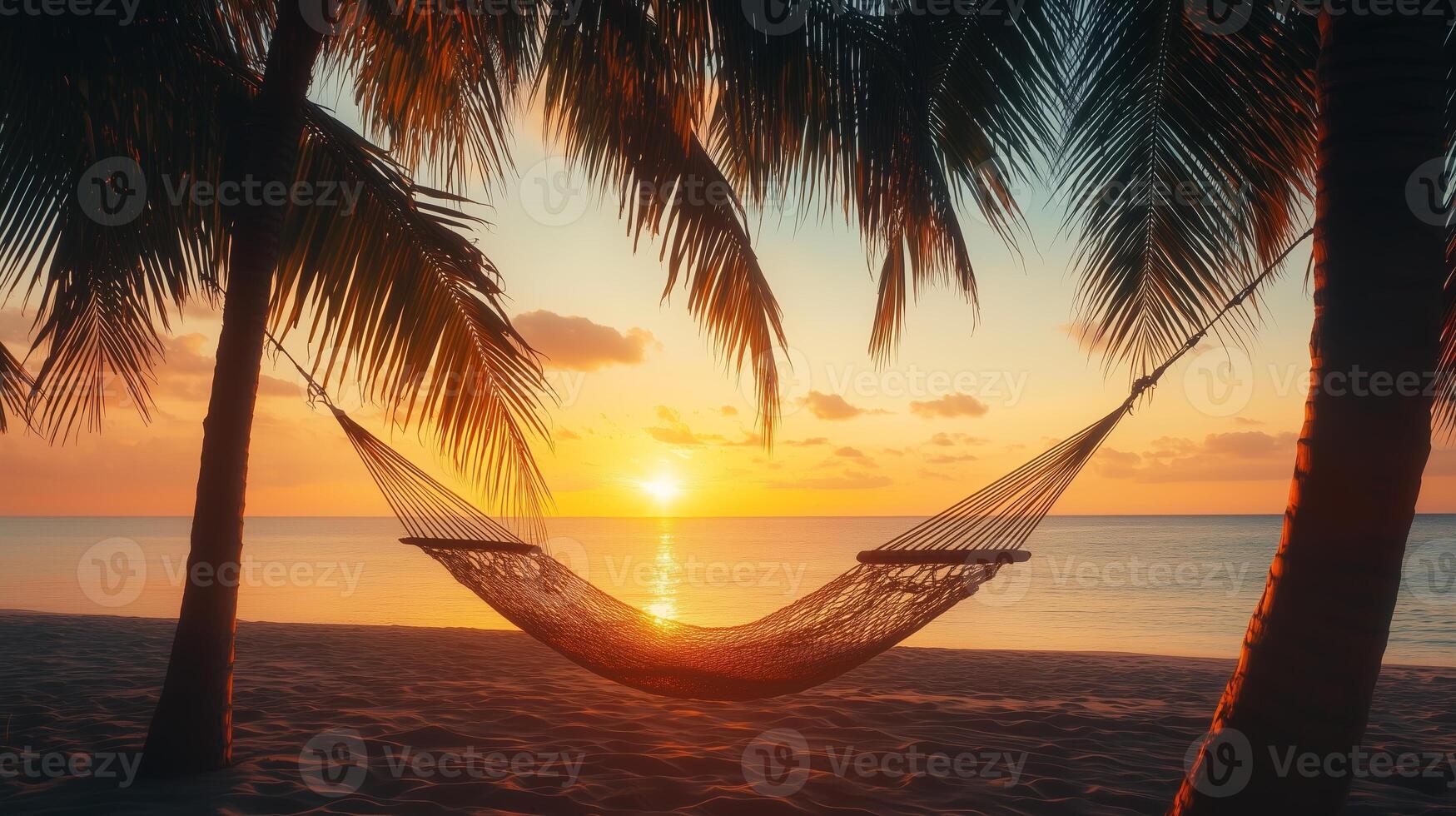 A peaceful sunset view over a beach with a hammock between palm trees swaying gently in the warm evening breeze photo
