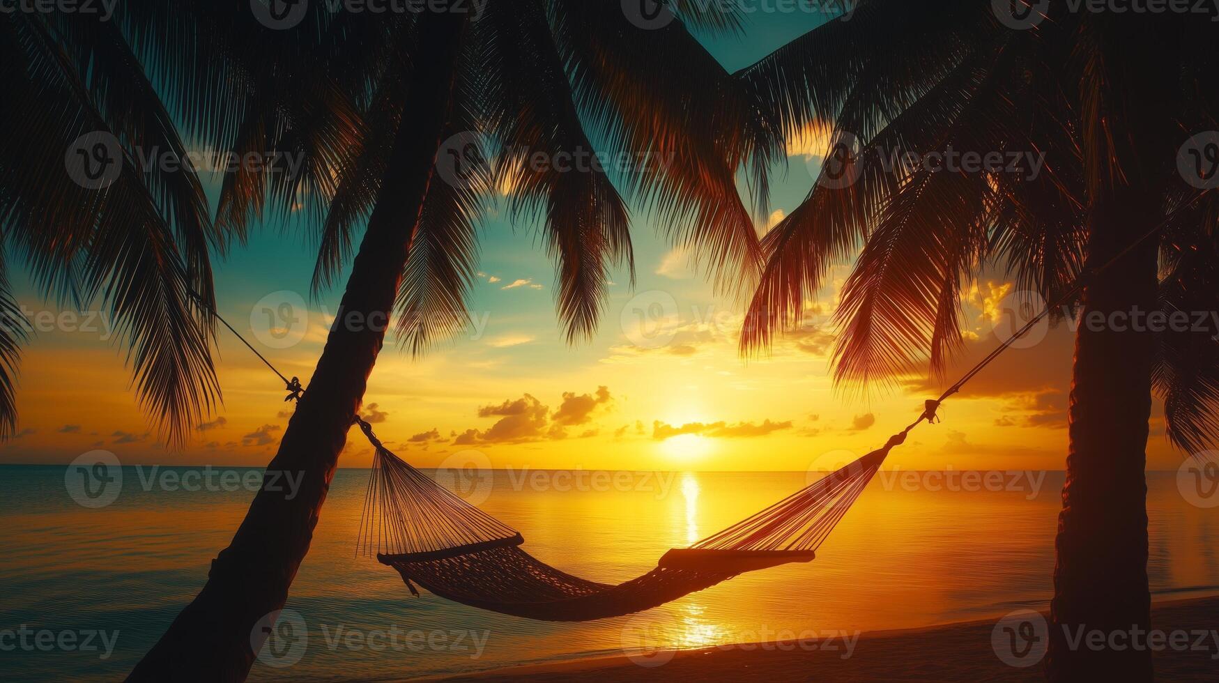 Relaxing hammock between palm trees at sunset near serene ocean waters on a tropical beach photo