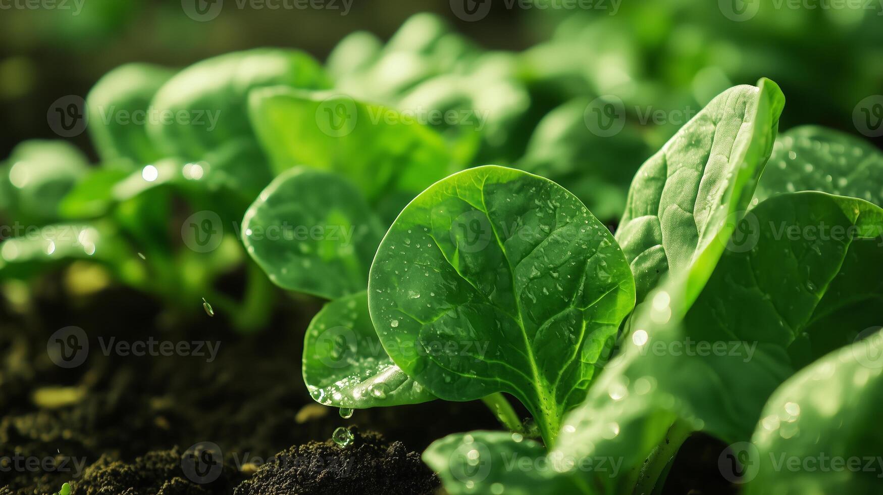 Fresh green spinach plants with droplets of water thriving in rich soil during a sunny afternoon in a garden photo