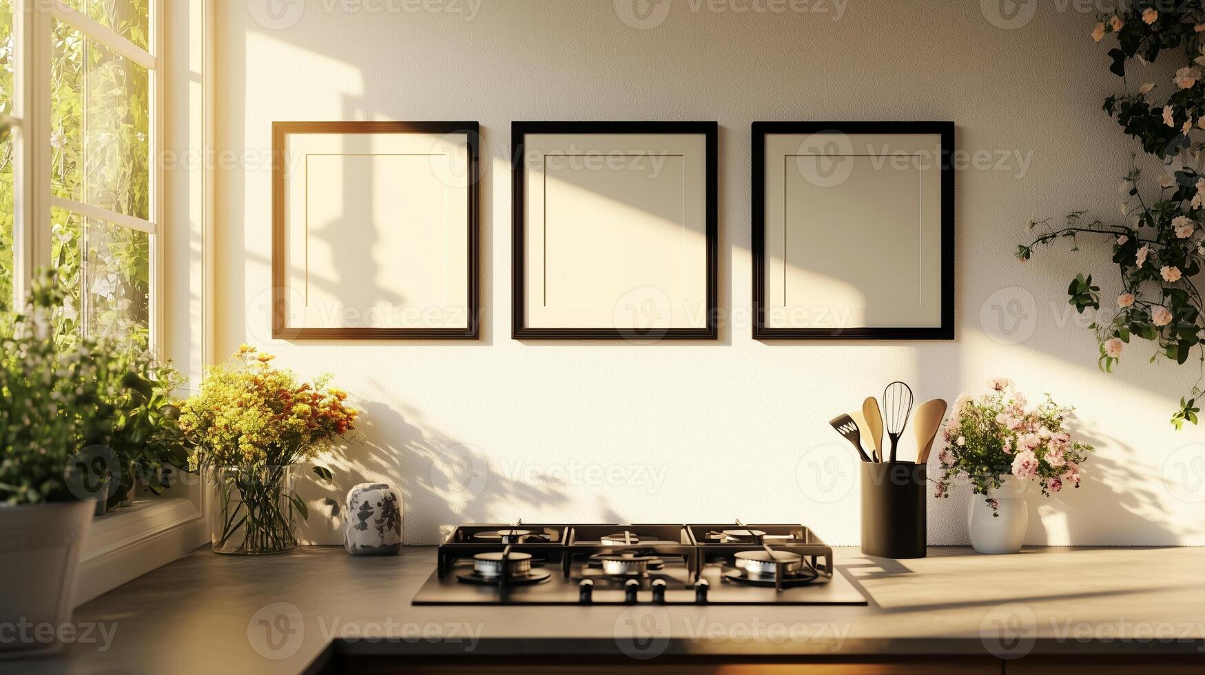 Sunlit kitchen with empty frames and flowers on a countertop during a tranquil afternoon photo