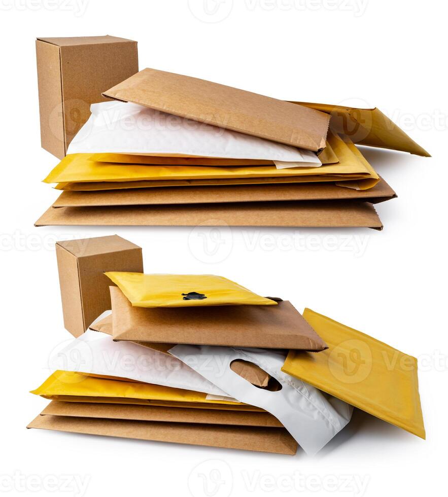 Stack of envelopes on white background photo