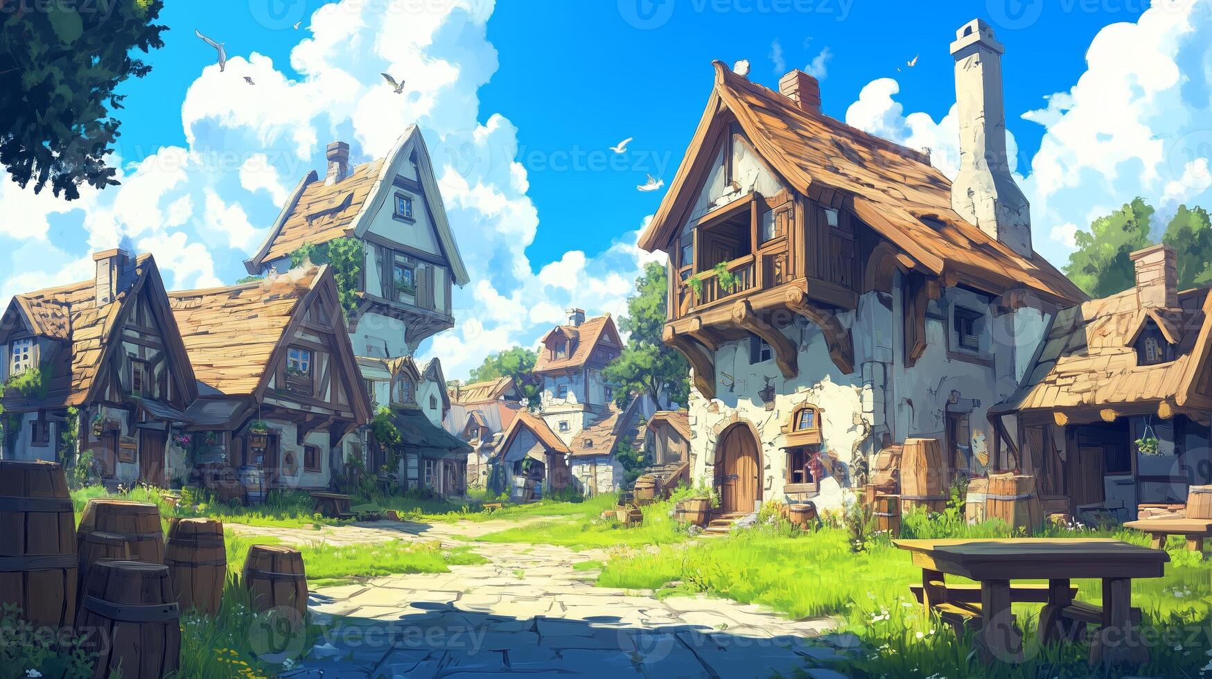 Charming countryside village with rustic architecture and vibrant greenery under a bright sky photo