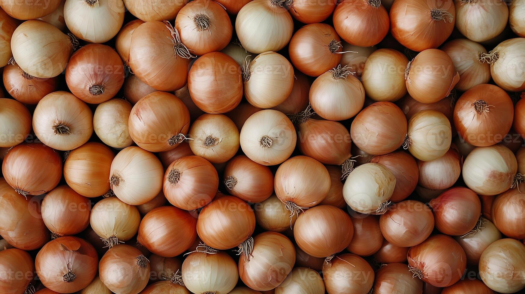 Freshly harvested onions piled together on a market display showcasing their earthy tones and natural shapes photo