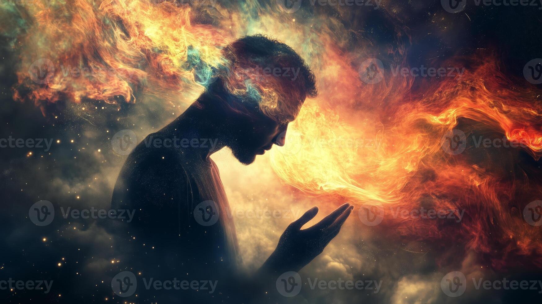 A surreal representation of a person contemplating thoughts amidst a cosmic explosion of colors and light in a dreamlike setting photo