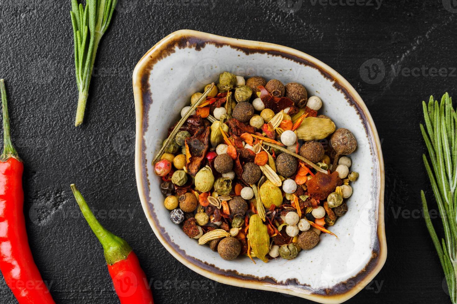 Flat lay composition with chili peppers and spices photo