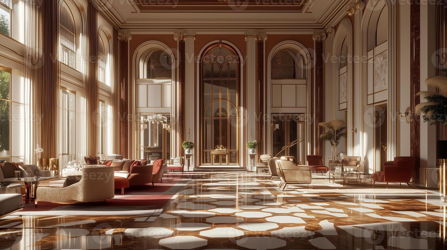 Luxurious hotel lobby featuring elegant furniture and ample natural light during the daytime highlights a sophisticated atmosphere photo