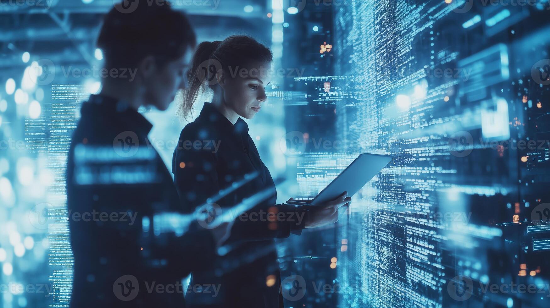 Professionals analyzing data trends in a digital environment while using laptops in a modern tech workspace photo