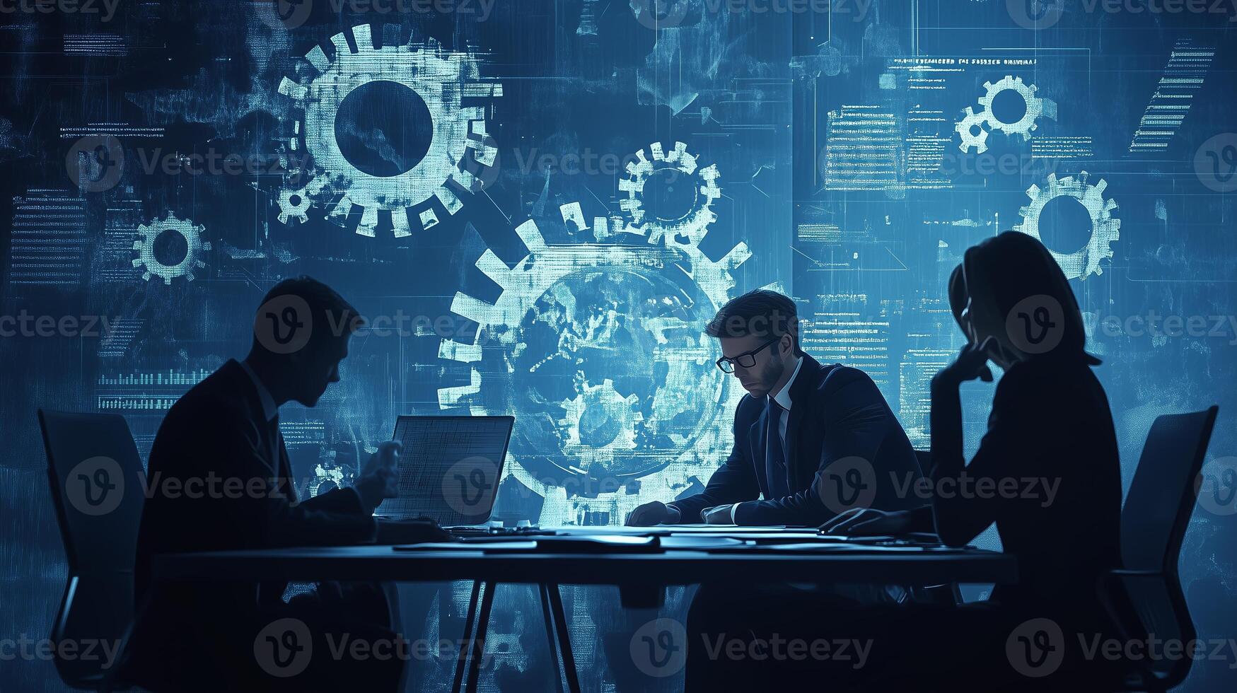 Business professionals collaborating on data analysis with digital graphs and gears in a modern office setting photo