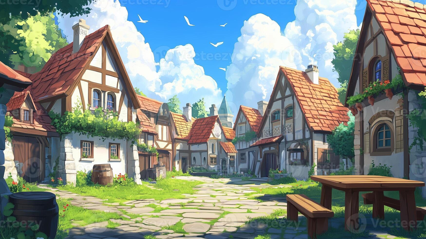 A charming village pathway lined with cottages and blooming greenery under a bright blue sky on a sunny afternoon photo