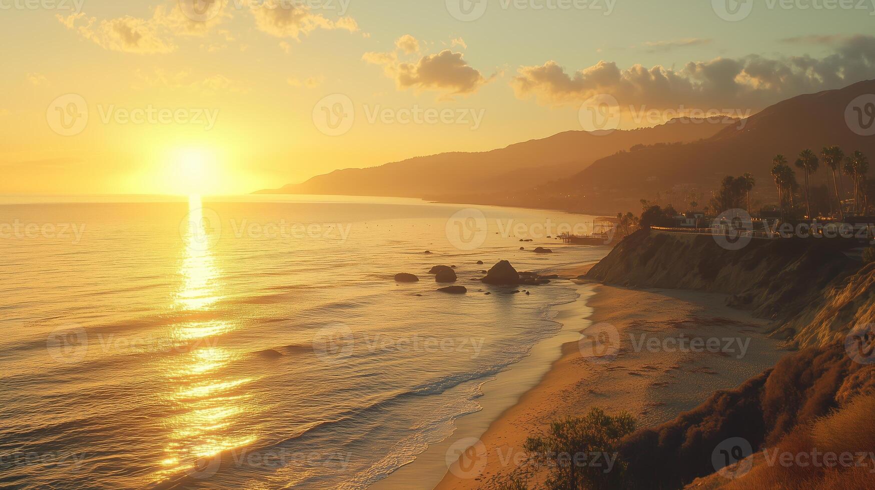 Serene sunset over the tranquil beach with gentle waves lapping against the shore on a warm evening photo