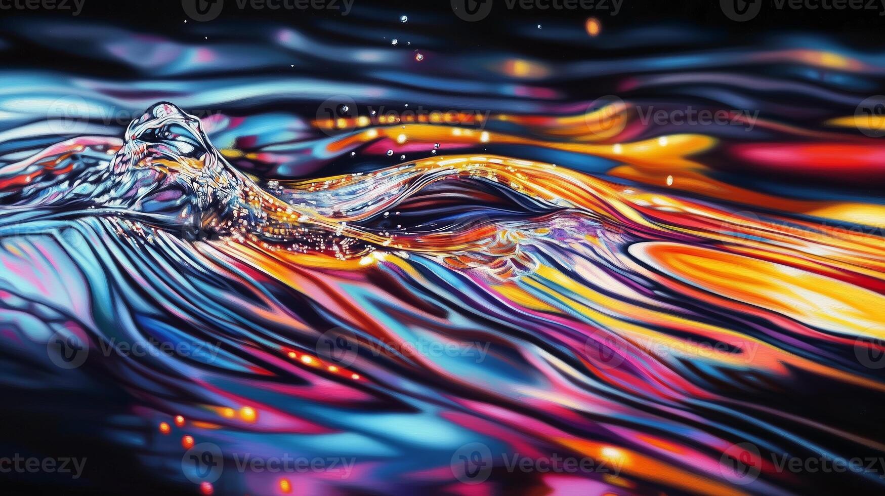 Vibrant swirling colors create a dynamic water surface at dusk in an abstract representation of motion and light photo