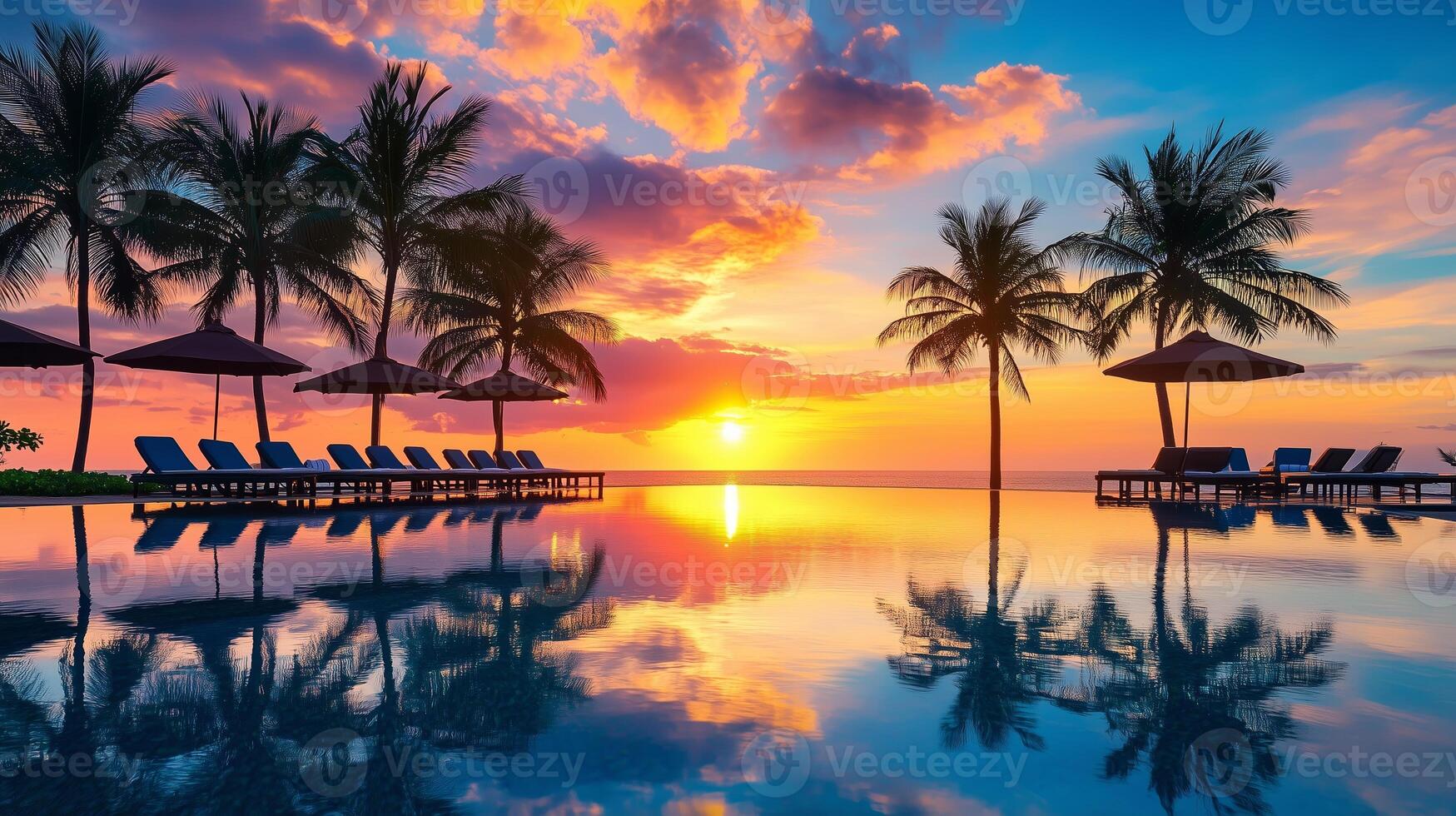 Stunning sunset reflecting in a tranquil pool surrounded by palm trees at a serene beach resort photo