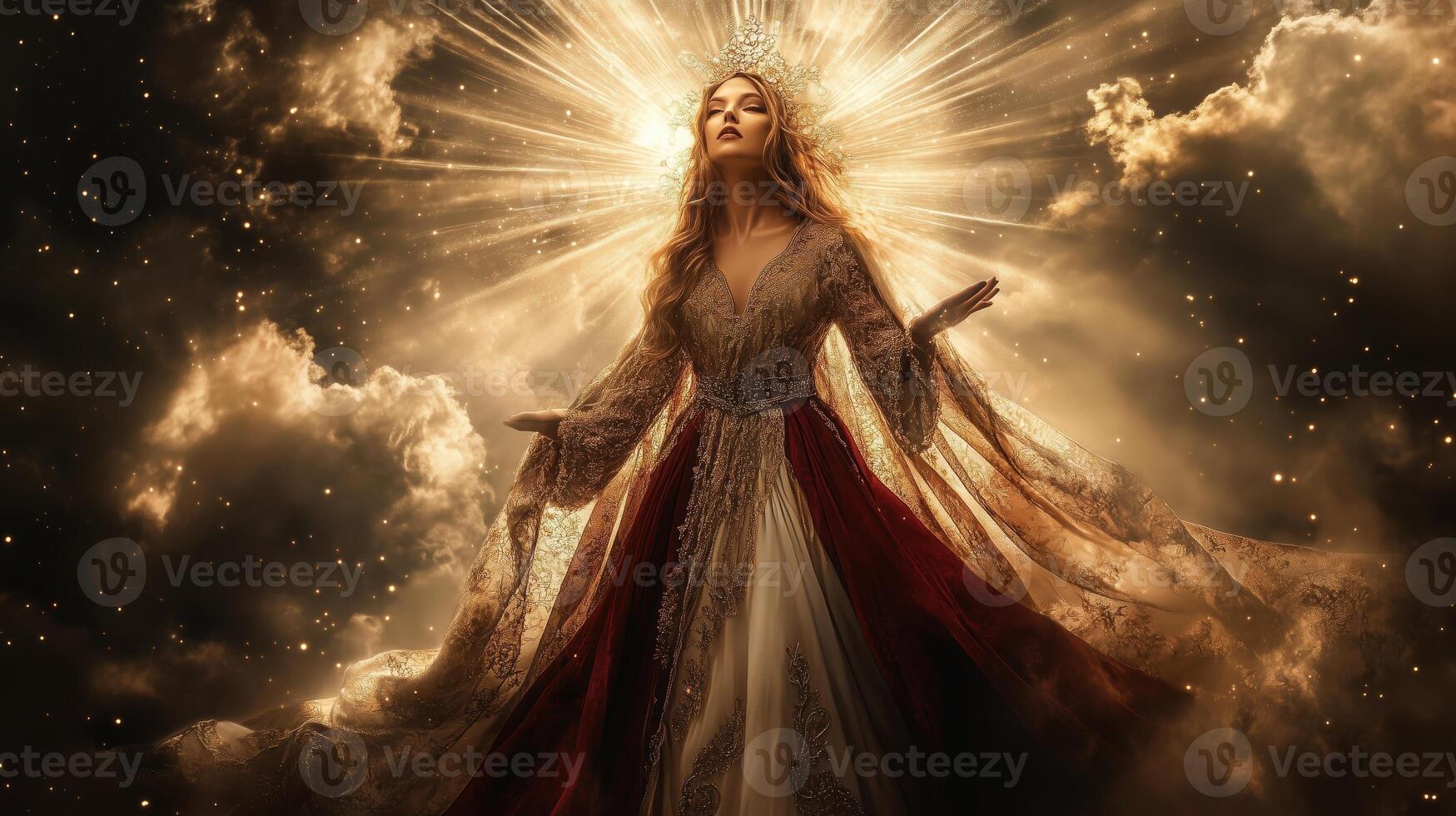 A mystical figure in a flowing gown stands majestically against a celestial backdrop of clouds and light during a dramatic twilight photo