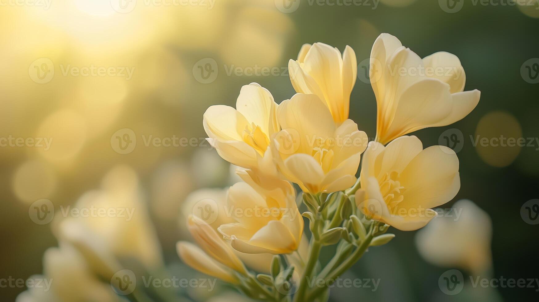 Delicate yellow freesia flowers blooming in sunlight with a soft, dreamy background in a vibrant garden setting photo