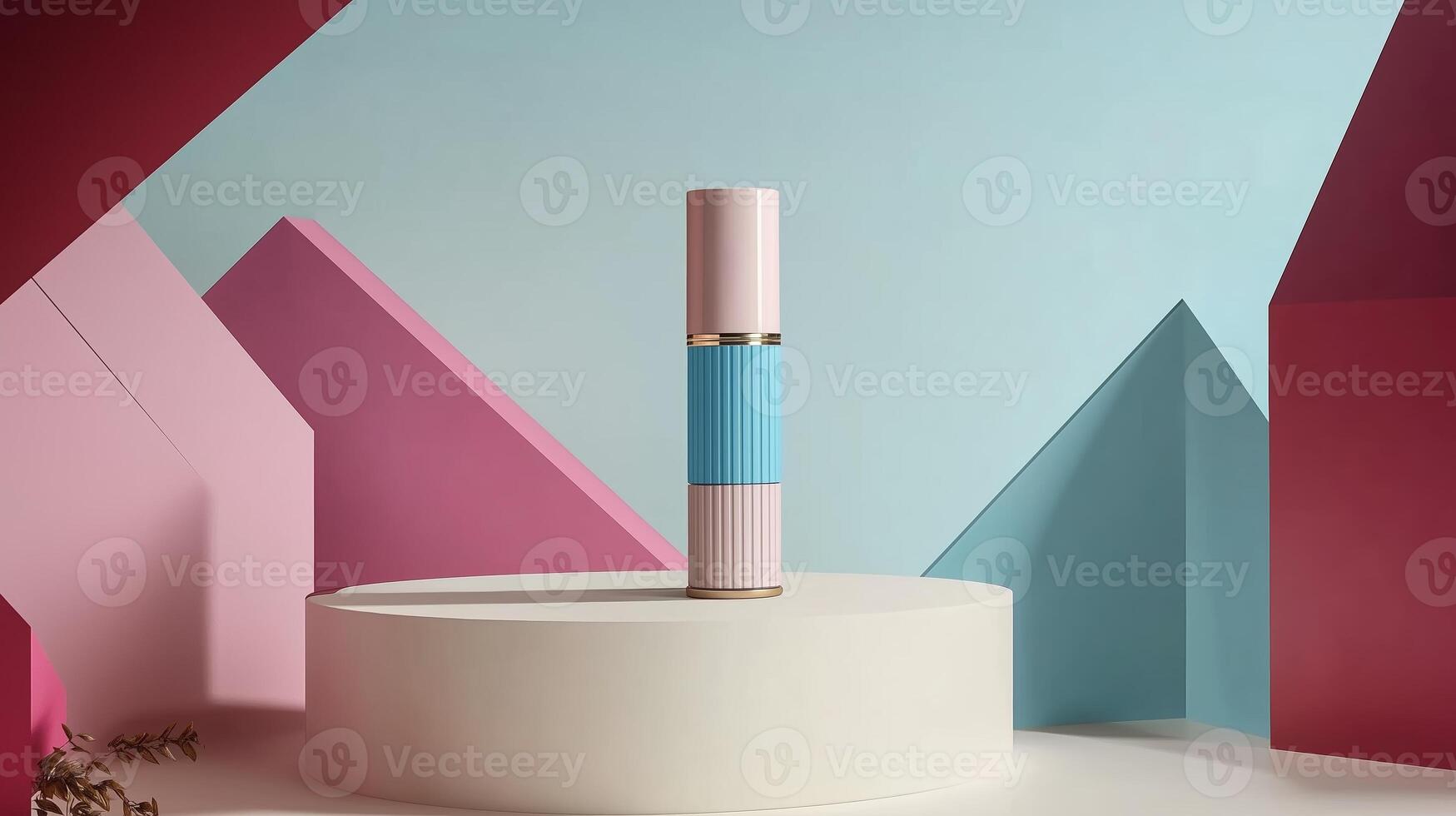A modern cylindrical product displayed on a circular pedestal against a vibrant, geometric background of pastel colors photo