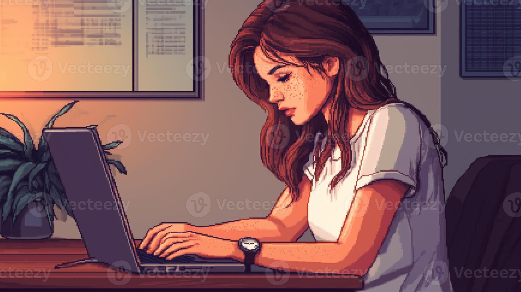 A young woman typing on a laptop at a desk in a cozy indoor setting during the evening hours, surrounded by soft light and plants photo