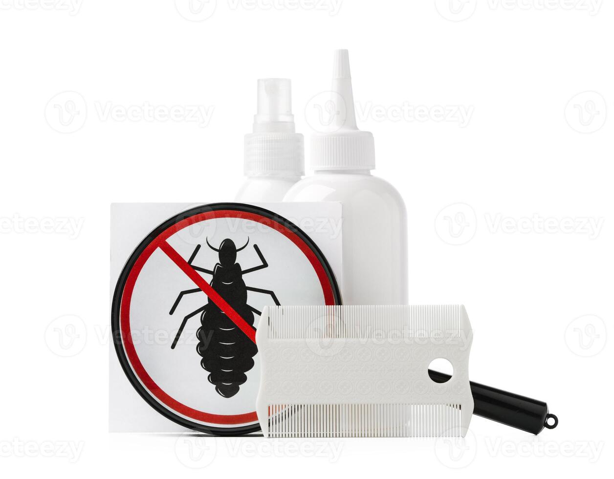 Cosmetic products and lice comb isolated on white background photo