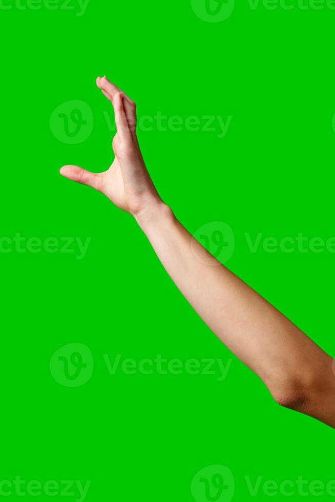 A womans hand extends upward into the air, fingers outstretched, reaching upward towards an unseen destination. photo