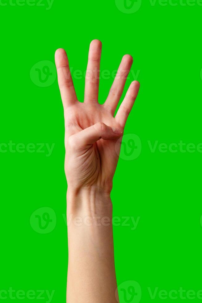 Close-Up of a Hand Gesturing Four Against a Green Background photo