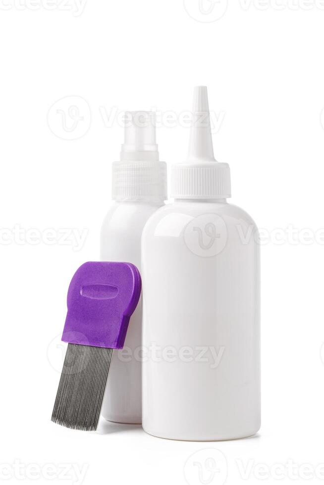 Cosmetic products and lice comb isolated on white background photo