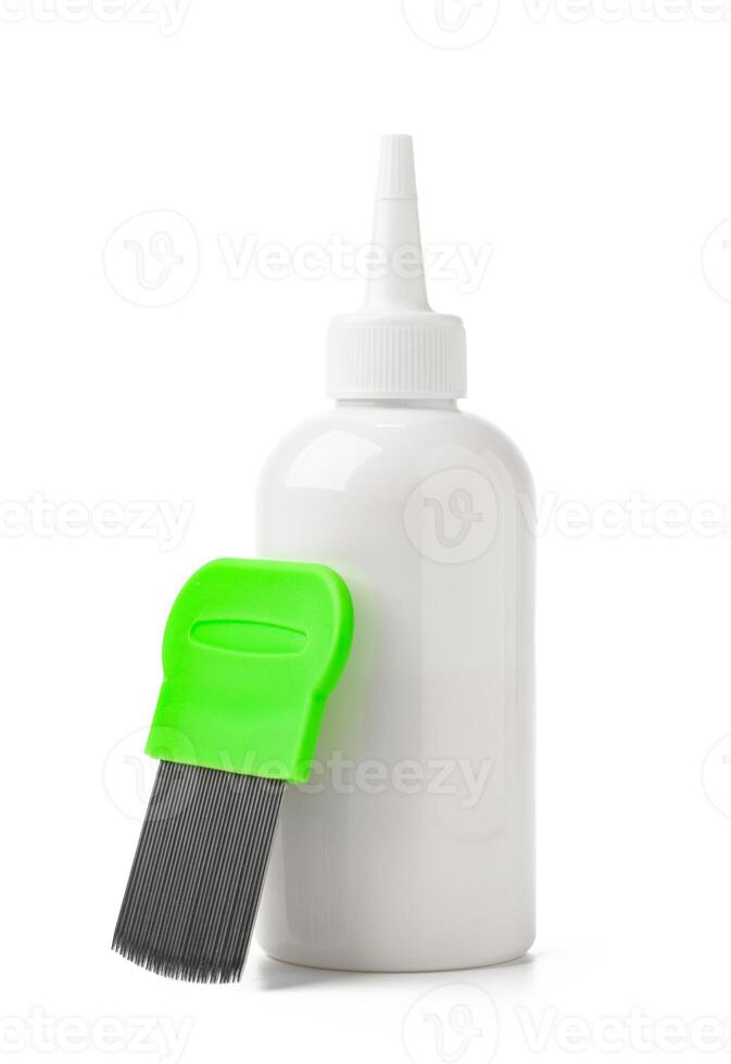 Cosmetic products and lice comb isolated on white background photo