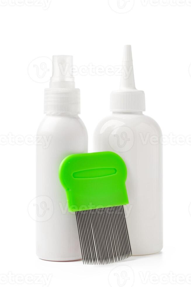 Cosmetic products and lice comb isolated on white background photo