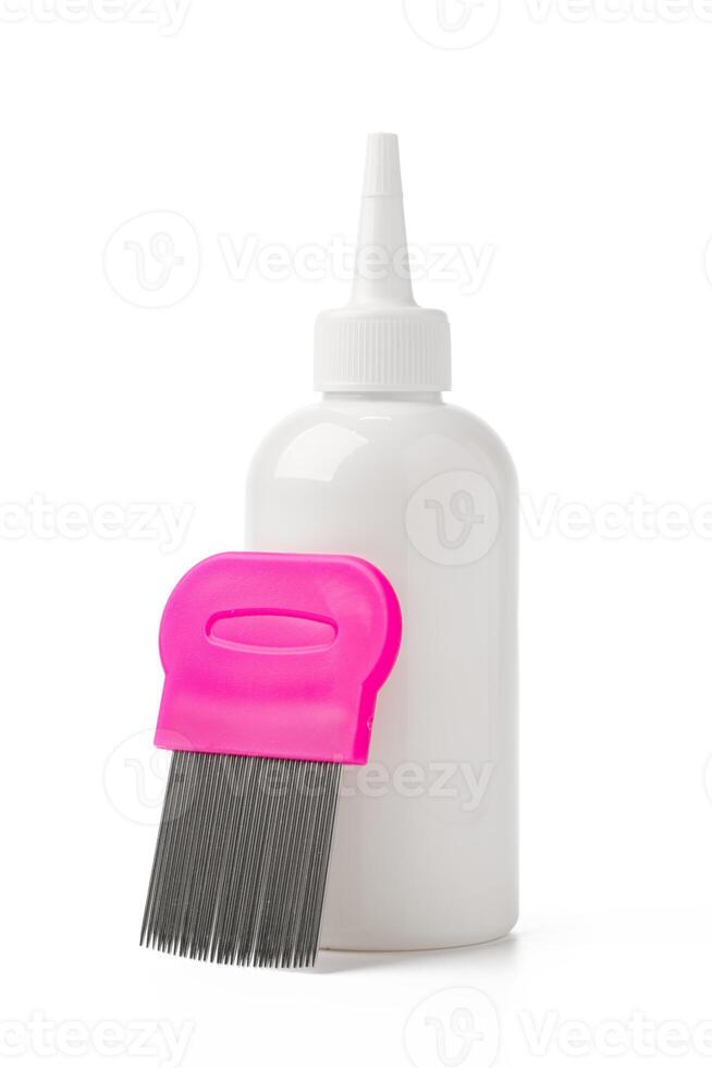 Cosmetic products and lice comb isolated on white background photo