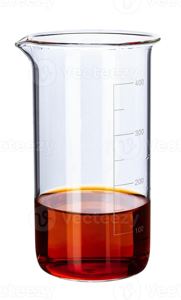 Glassware with liquids for laboratory analysis isolated on white photo