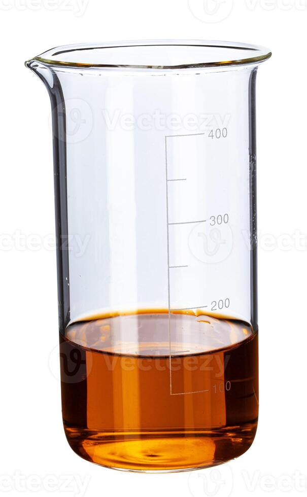 Glassware with liquids for laboratory analysis isolated on white photo