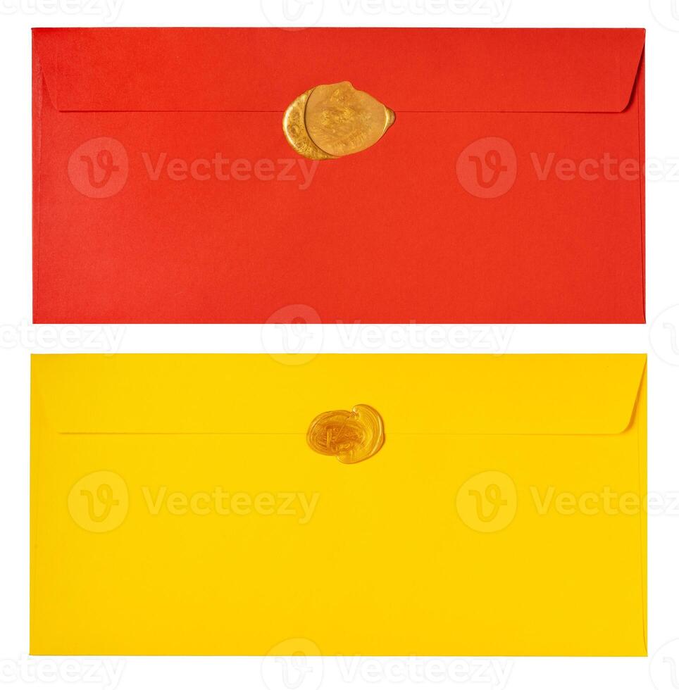Top view of different envelopes on white background, collage photo