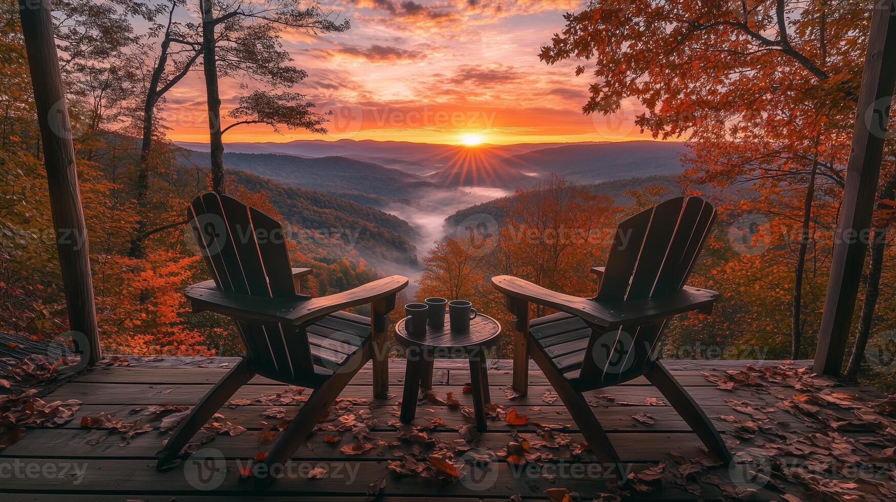 Two wooden chairs overlooking a stunning autumn sunrise in a tranquil mountain landscape with fog-filled valleys photo