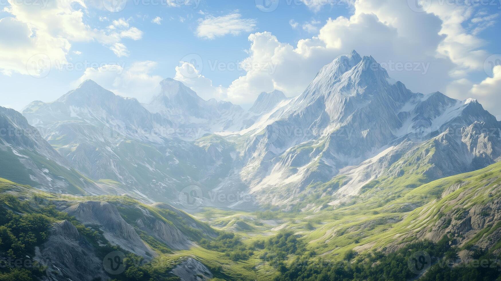 Majestic mountain landscape with lush green valleys and towering peaks under a bright blue sky in the early afternoon light photo