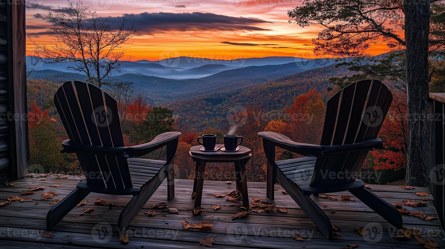 A tranquil morning on a cabin porch with mountain views and coffee during autumn at sunrise photo