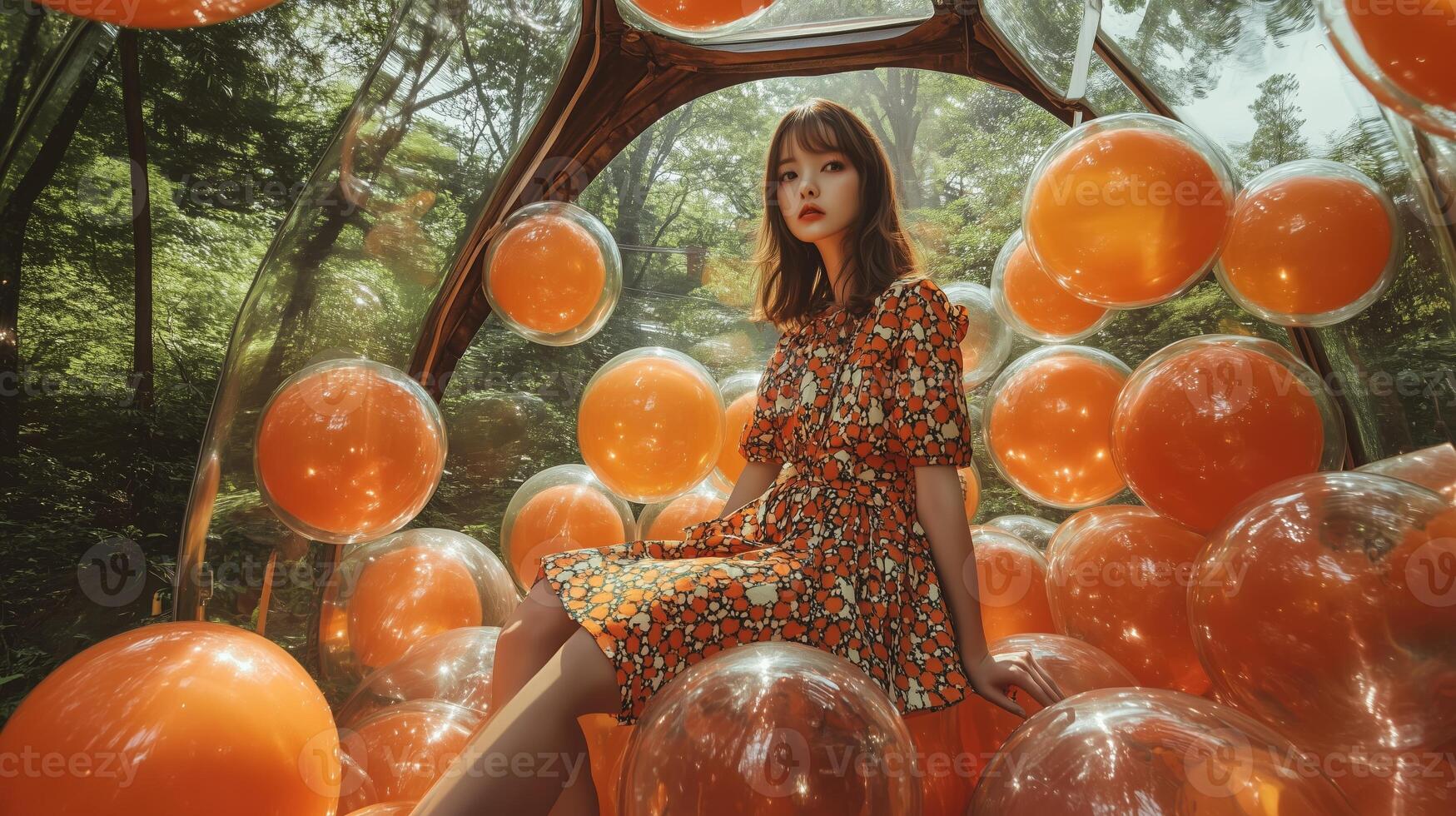 Model sitting in a vibrant orange bubble-filled installation within a whimsical forest setting during daylight hours photo