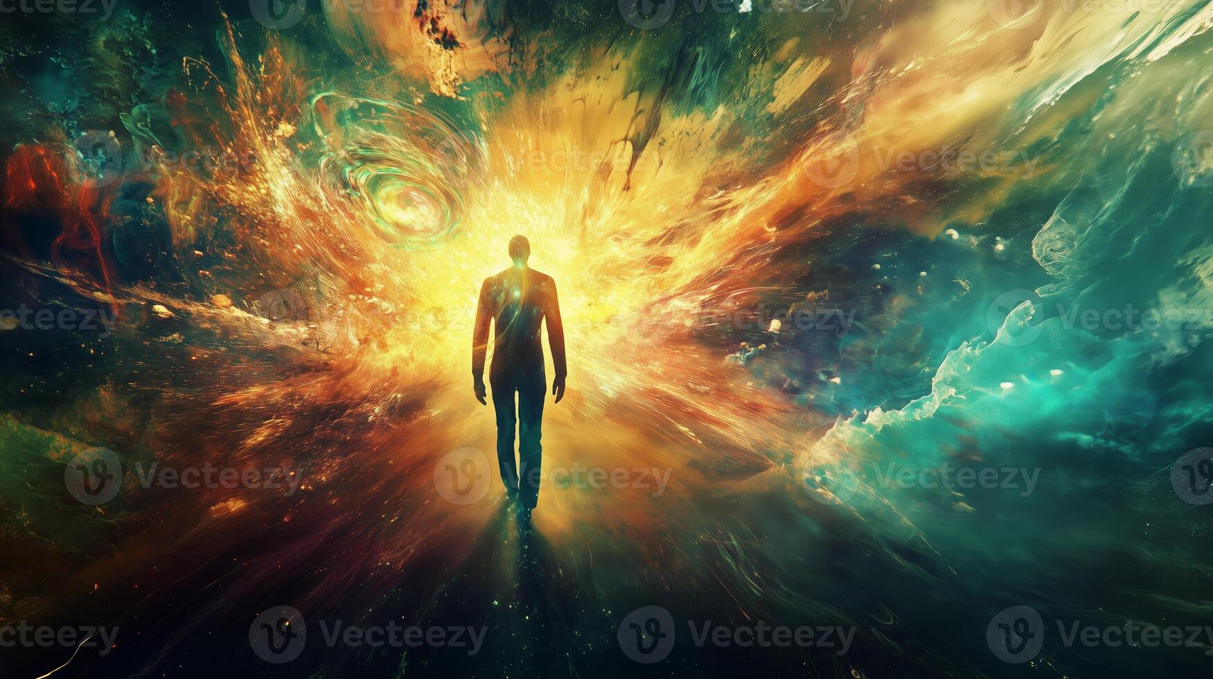 A solitary figure walks toward a vivid explosion of color, symbolizing a journey through a cosmic landscape at twilight photo