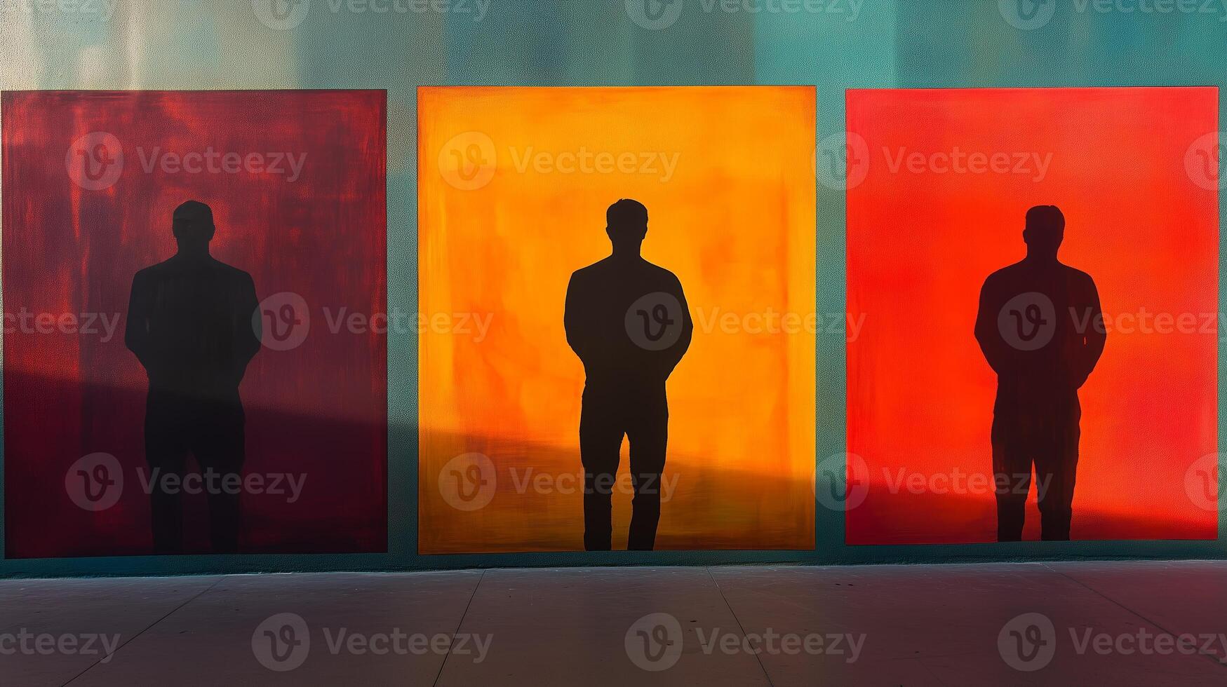 Silhouettes of individuals standing against vibrant colored panels in an urban setting during sunset photo