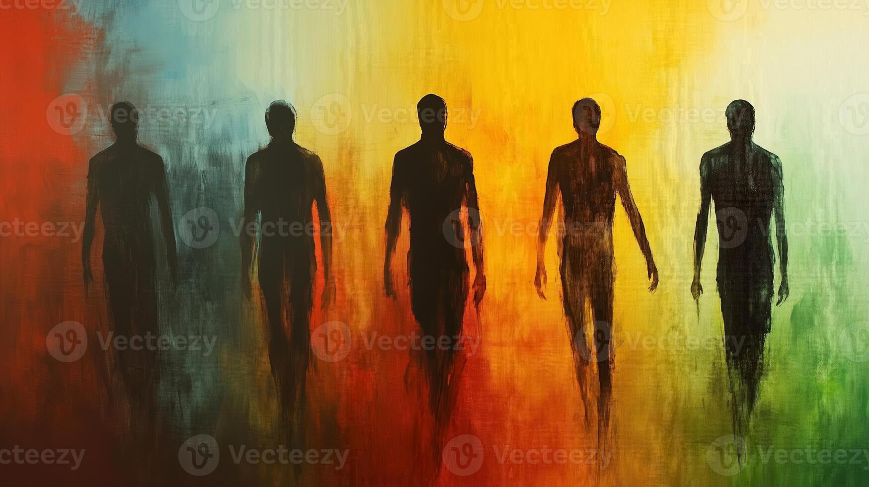 Silhouetted figures walking through a colorful abstract landscape at dusk, evoking a sense of mystery and contemplation photo