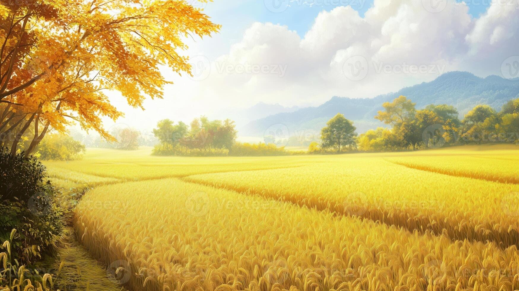 Golden rice fields under a bright blue sky with fluffy clouds and vibrant autumn foliage in the distance during late afternoon photo